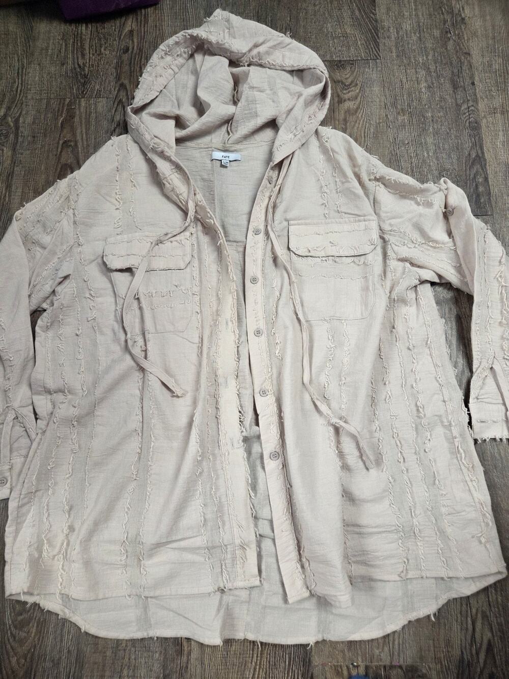 Fate S/M Beige Tan Hooded Button Front Distressed Shirt Blouse Long Sleeve Top
